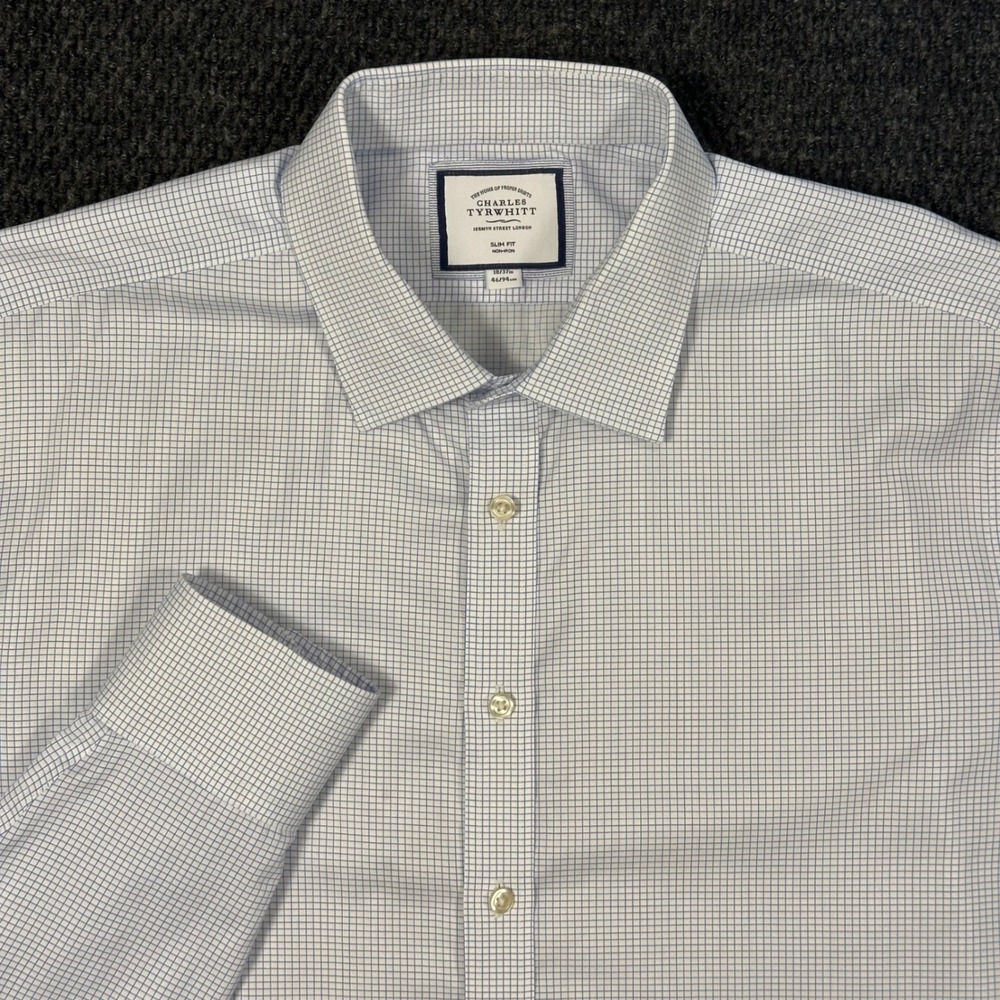Charles Tyrwhitt Dress Shirt Mens 18 37 Slim Fit Blue Micro Check Non-Iron